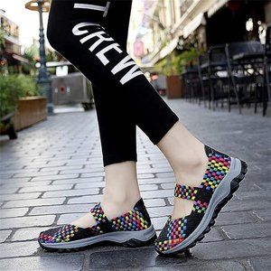 GOSPT Women's Elastic Woven Walking Shoes Mary Jane Flats Slip on Sneakers